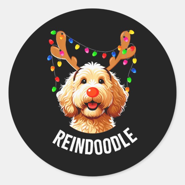 Sticker Rond Christmas Goldendoodle Reindeer Doodle Dog Reindoo (Devant)