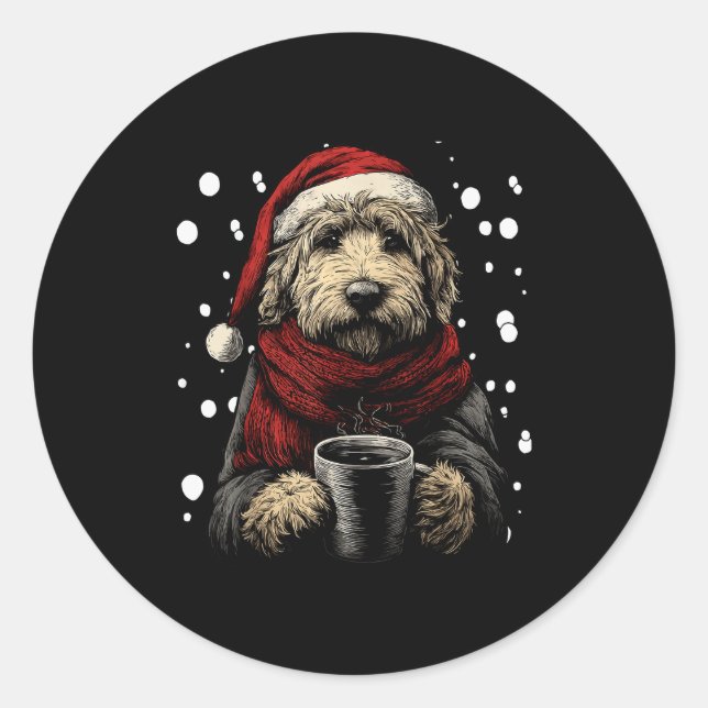 Sticker Rond Christmas Goldendoodle Santa Hat Coffee Lover Funn (Devant)