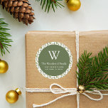 Sticker Rond Christmas Greenery Adresse du Motif<br><div class="desc">Cet autocollant festif d'adresse de retour de Noël comporte un cercle vert olive sur une aquarelle motif de verdure hivernale, y compris des pins à feuillage persistant et des sprigs saints aux baies rouges, sur un arrière - plan blanc. Personnalisez le design avec votre nom de famille et votre initiale...</div>