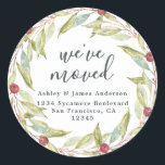 Sticker Rond Christmas Greenery Nous avons déménagé Nouveau éti<br><div class="desc">Christmas greenery nous avons déplacé les étiquettes d'adresse de retour de faire-part mobiles : faites connaître à vos amis et votre famille votre nouvelle adresse avec ces étiquettes d'adresse de retour chic, moderne et simple. Ajoutez simplement vos noms et votre adresse en calligraphie de script hors-noir élégant et en typographie...</div>