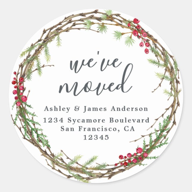 Sticker Rond Christmas Greenery Nous avons déménagé Nouveau éti (Devant)