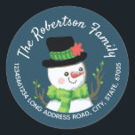 Sticker Rond Christmas Happy Snowman Adresse de retour Blue<br><div class="desc">Joyeux bonhomme de neige dans les nuances de vert portant un chapeau haut. Style vintage. Police de style en lettres à la main. Zones de texte réglables dans ce modèle facile à utiliser. Arrière - plan bleu. Oeuvre de Valarie Wade et est exclusive à ma boutique Valariedesigns sur Zazzle!</div>