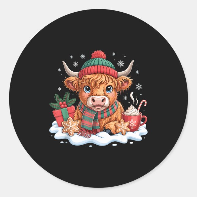 Sticker Rond Christmas Highland Cow Cute Heifer Cow Santa Hat M (Devant)