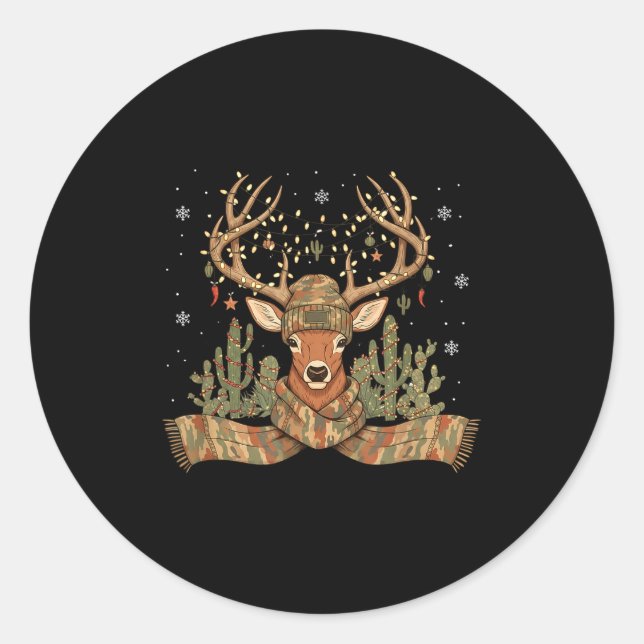Sticker Rond Christmas Holiday Camo Hunting Reindeer Deer Xmas  (Devant)