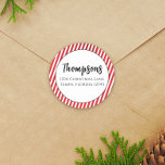 Sticker Rond Christmas Holiday Red Stripe Return Address Cute<br><div class="desc">Christmas holiday red simple cute,  minimalist minimal return address label,  fun classic striped stripes stripe,  candy cane stripe red white,  cute whimsical typography text font,  chic festive colorful Xmas,  stylish calligraphy script family name,  trendy minimal modern style,  simple Christmas sticker label,  a Christmas holiday greeting envelope seal</div>