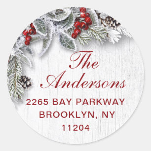 Sticker Rond Christmas Holly Pine Rustic Retourner l'adresse ÉT