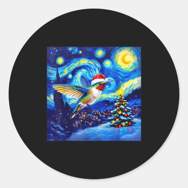 Sticker Rond Christmas Hummingbird Santa Hat Van Gogh Starry Ni (Devant)