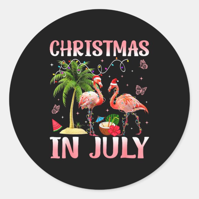 Sticker Rond Christmas In July Nk Flamingo Santa Hat Christmas  (Devant)