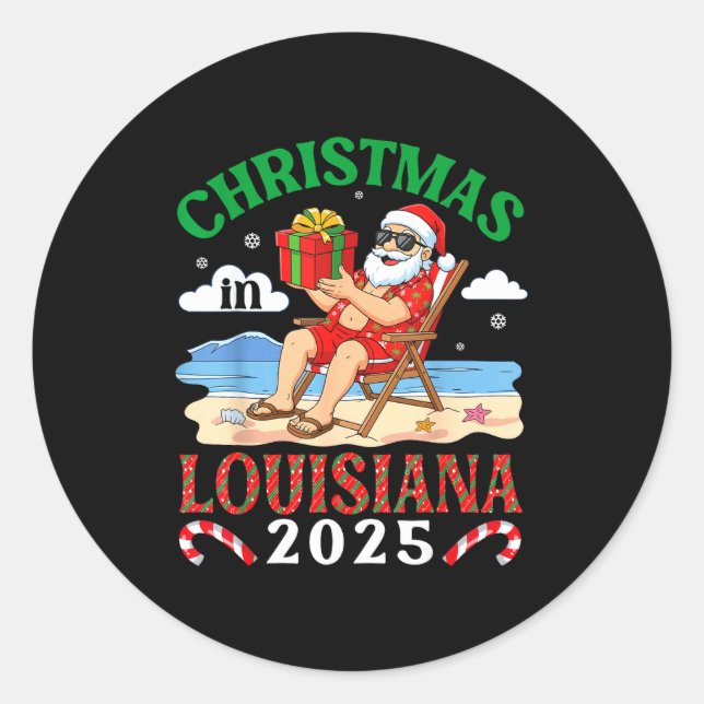 Sticker Rond Christmas In Louisiana 2025 Santa Beach Lounge Hol (Devant)