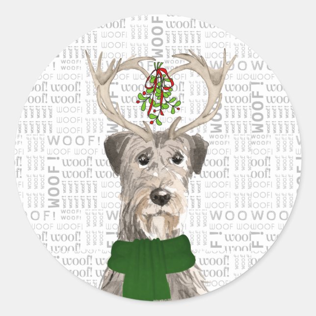 Sticker Rond Christmas Irish Wolfhound et Woof Art Amoureux des (Devant)