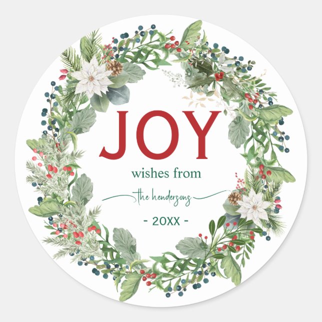 Sticker Rond Christmas Joy Wreath Name Handwritten Script Red (Devant)