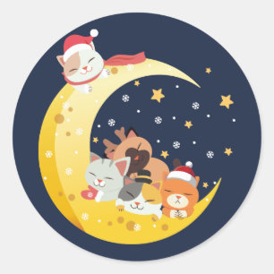Sticker Rond Christmas Kittens Chats Moon Espace d'hiver Étoile