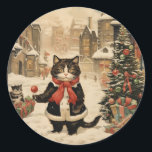 Sticker Rond Christmas Kitty, Jour de la neige<br><div class="desc">Cheville de Noël,  jour enneigé,  temps victorien.</div>