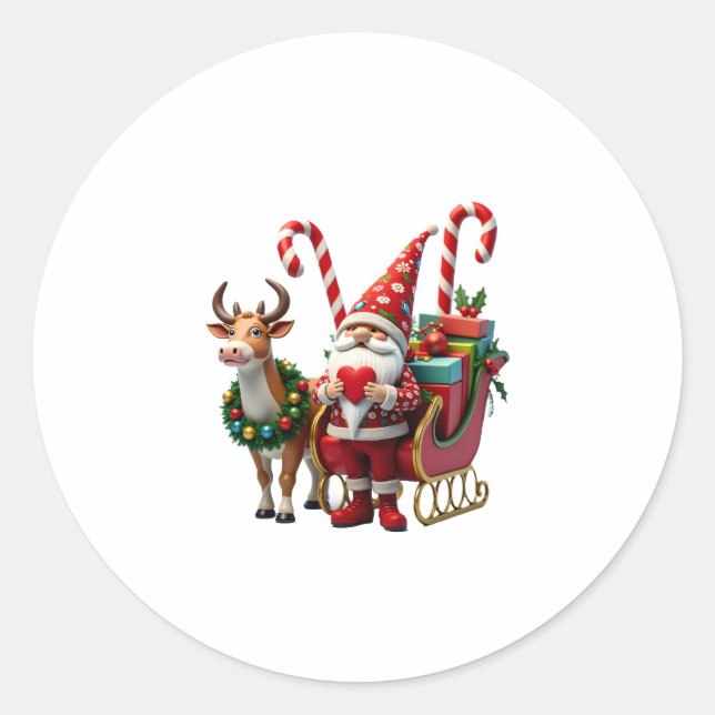 Sticker Rond Christmas Light Gnome Santa Claus Riding Sleigh Hi (Devant)