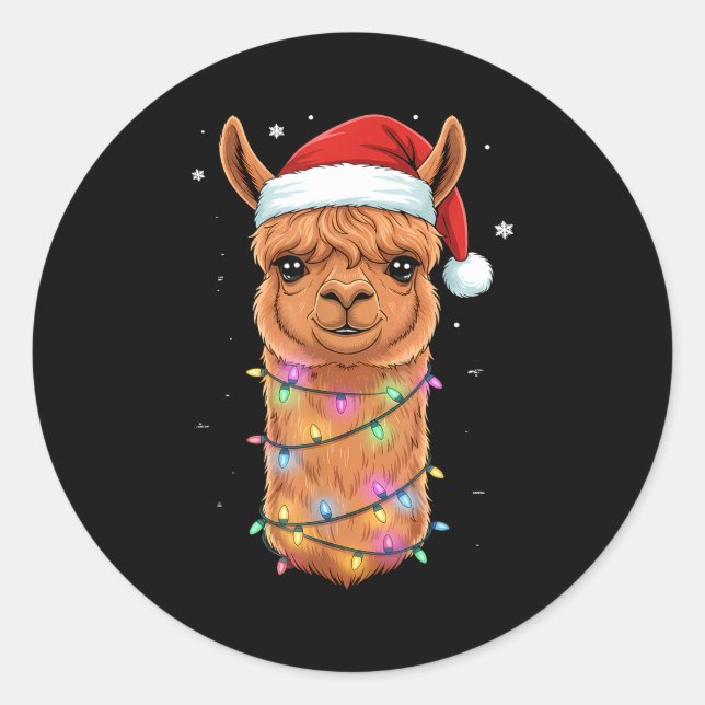 Sticker Rond Christmas Lights Alpaca Santa Hat Llama Cute Xmas  (Devant)