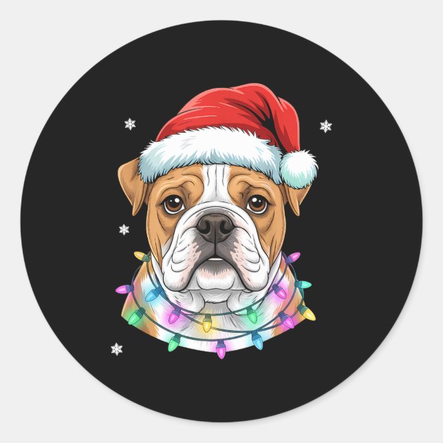 Sticker Rond Christmas Lights Dog Santa Hat Cute Xmas Pajamas  (Devant)