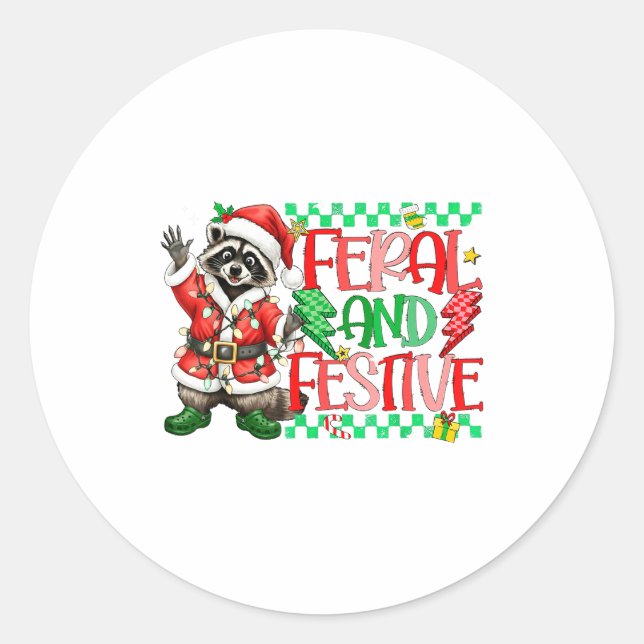 Sticker Rond Christmas Lights Feral But Festive Funny Raccoon S (Devant)