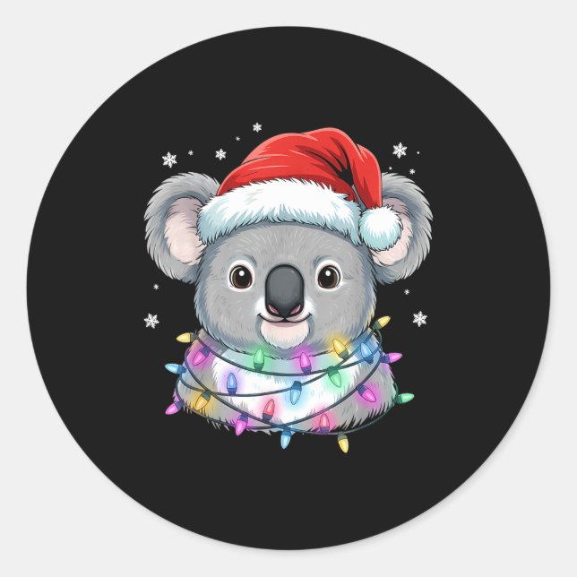 Sticker Rond Christmas Lights Koala Santa Hat Cute Xmas Pajamas (Devant)