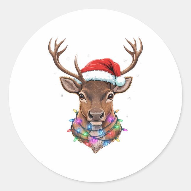 Sticker Rond Christmas Lights Reindeer Santa Hat Cute Xmas Paja (Devant)