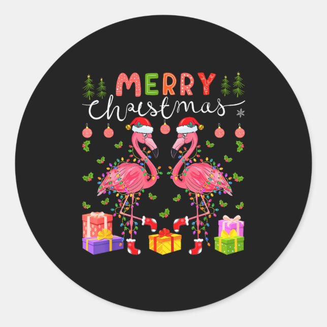 Sticker Rond Christmas Lights Xmas Flamingo Lover Santa Hat Fla (Devant)