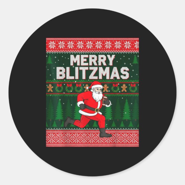 Sticker Rond Christmas Merry Blitzmas Santa Football Ugly Sweat (Devant)