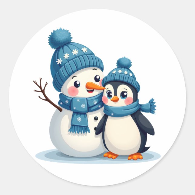 Sticker Rond Christmas Merry Christmas For Gift Penguin Snowman (Devant)