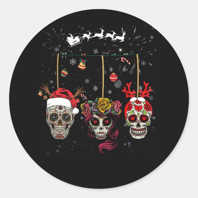 Sticker Rond Christmas Mexican Flower Sugar Skull In Snow Xmas (Devant)