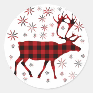 Sticker Rond Christmas Moose, Deer, elk, caribou, red plaids
