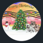 Sticker Rond Christmas Music 2 - Bulldogs anglais (trois)<br><div class="desc">Thème de musique de Noël avec trois Bulldogs anglais et notes de musique colorées célébrant la joie que la musique de Noël apporte à la saison.</div>