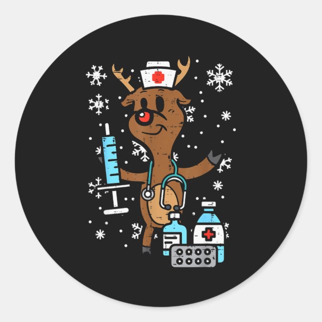 Sticker Rond Christmas Nurse Reindeer Funny Xmas Nursing Scrub  (Devant)