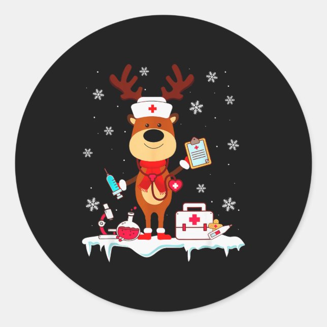 Sticker Rond Christmas Nurse Reindeer Funny Xmas Scrub Top Nurs (Devant)