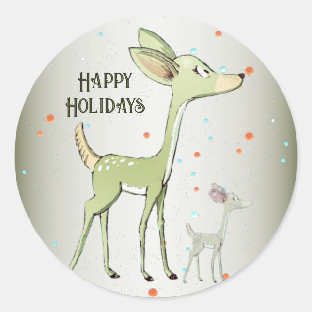 Sticker Rond Christmas Party Green Deers Holidays Cute (Devant)