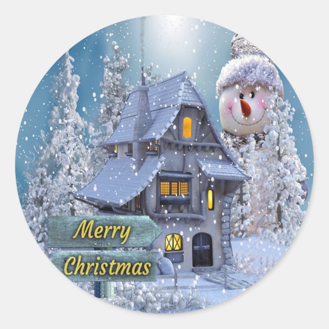 Sticker Rond Christmas Party Winter White Snowman Blue Rustic (Devant)