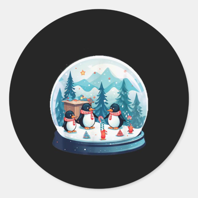 Sticker Rond Christmas Penguin Snow Globe Scene Family Holiday  (Devant)