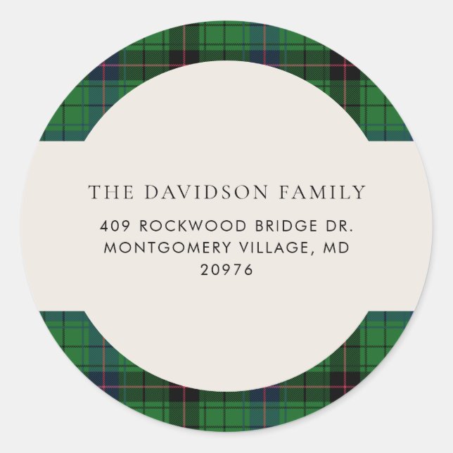 Sticker Rond Christmas Plaid Tartan Green Adresse personnalisée (Devant)