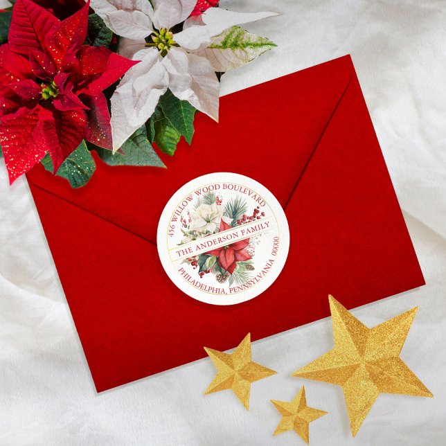 Sticker Rond Christmas Poinsettia Floral Bouquet Adresse de ret (Send your holiday correspondence in elegant style with this poinsettia floral return address seal.)