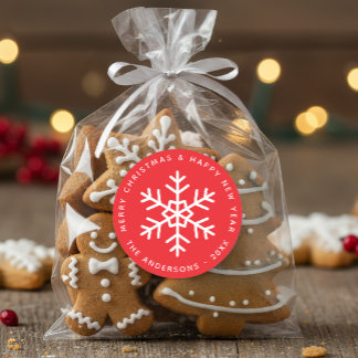 Sticker Rond Christmas Red and White Snowflake Winter Holidays