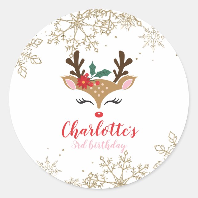 Sticker Rond Christmas Reindeer Anniversaire Gold Snowflakes (Devant)