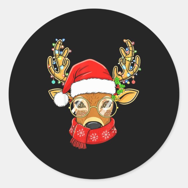 Sticker Rond Christmas Reindeer Lights Gles Santa Hat Deer Xmas (Devant)