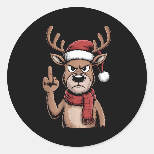 Sticker Rond Christmas Reindeer Middle Finger Sarcastic Xmas Fu (Devant)