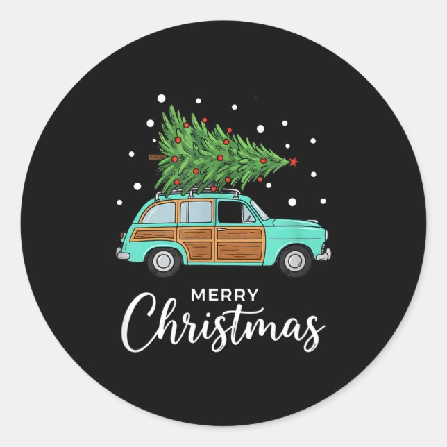 Sticker Rond Christmas Retro Car With Christmas Tree - Merry Me (Devant)