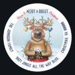 Sticker Rond Christmas Rudolph The Red Nse Reindeer Adresse<br><div class="desc">Rudolph the Red Nose Reindeer fait Noël Joyeux et lumineux avec des ornements et des lumières de Noël.</div>