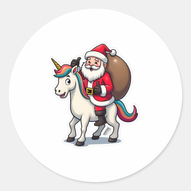 Sticker Rond Christmas Santa Claus Riding Unicorn - Xmas Girls  (Devant)