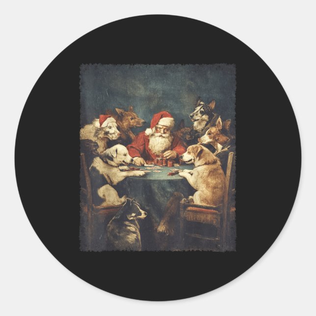 Sticker Rond Christmas Santa Playing Cards Dogs Playing Ker  (Devant)