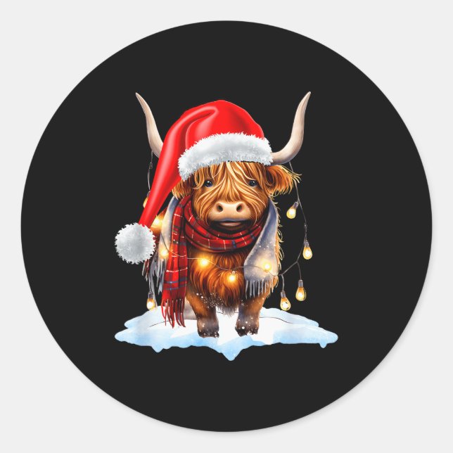 Sticker Rond Christmas Scottish Highland Cow Wrapped In Christm (Devant)