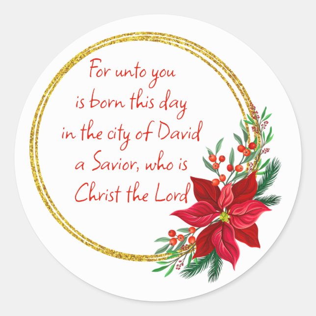 Sticker Rond Christmas Scripture Luke 2:11 Pointsettia (Devant)