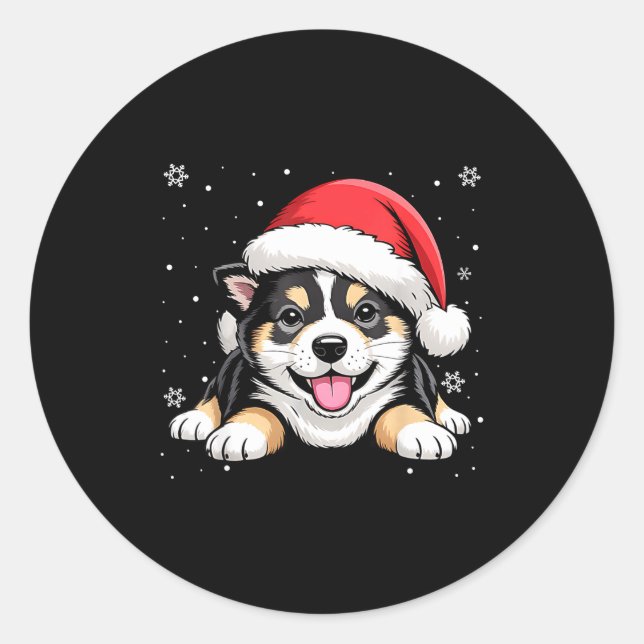 Sticker Rond Christmas Shiba Inu Dog Wearing Santa Hat Pet Anim (Devant)