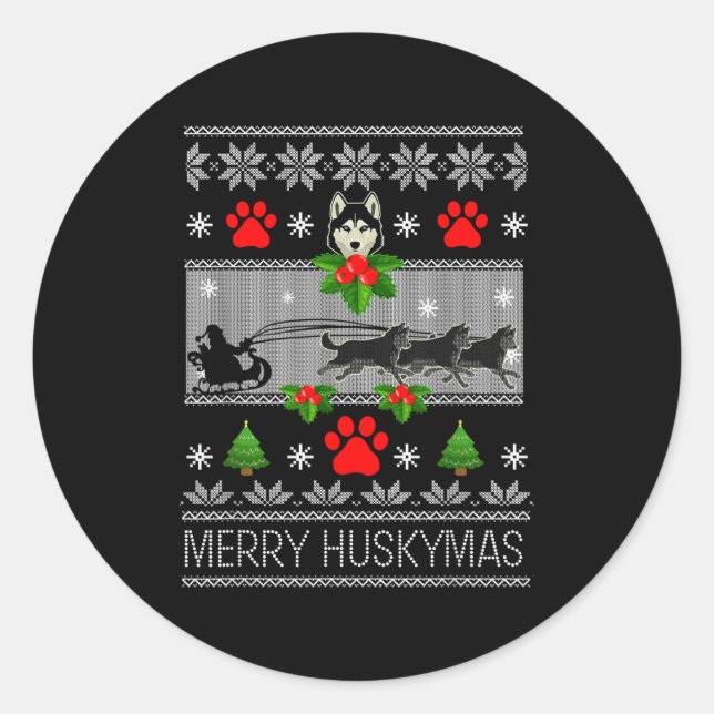 Sticker Rond Christmas Siberian Husky Dog Husky Ugly Merry Husk (Devant)