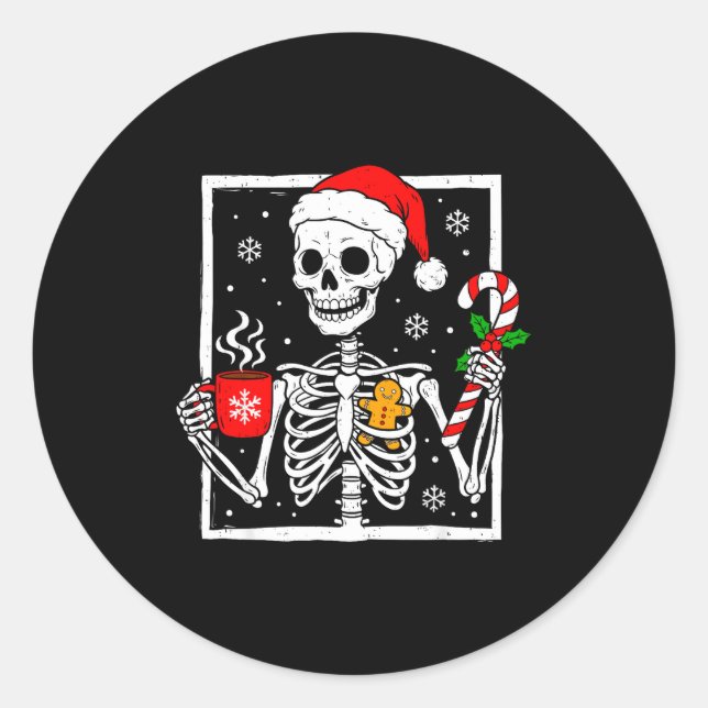 Sticker Rond Christmas Skeleton Hat Santa Coffee Candy Cane Xma (Devant)