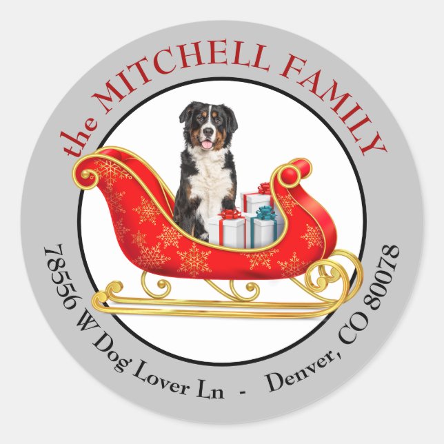 Sticker Rond Christmas Sleigh Bernese Mountain Dog Address (Devant)